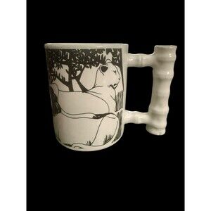 White Ceramic Mug w/Bamboo Style Handle Lion & Lioness Jungle Pride Illustration